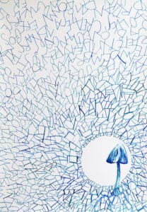 Abstraktní kaligrafie zachycuje báseň od Emily Brontë, která jako mycelium obklopuje novozélandskou houbu Závojenku hochstetterovu Kombinace abstraktního písma a kresby - kaligrafický obraz vytvořila Veronika Wuycheck
