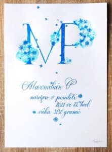 Formát A4, dar k narození dítěte ilustrovaný monogram MP - sněhové vločky