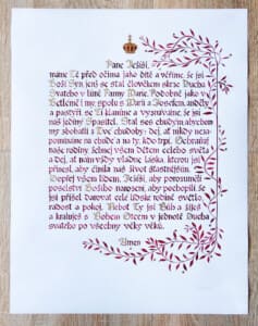 modlitba k pražskému jezulátku, kaligrafie