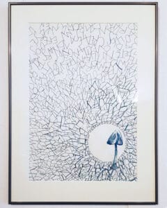 Abstraktní kaligrafie zachycuje báseň od Emily Brontë, která jako mycelium obklopuje novozélandskou houbu Závojenku hochstetterovu Kombinace abstraktního písma a kresby - kaligrafický obraz vytvořila Veronika Wuycheck