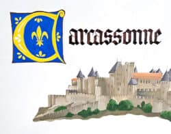 Miniatura hradu Carcassonne s gotickým nadpisem, malováno kvašem pro cestovní deník klienta Miniatura hradu Carcassonne s gotickým nadpisem, malováno kvašem pro cestovní deník klienta