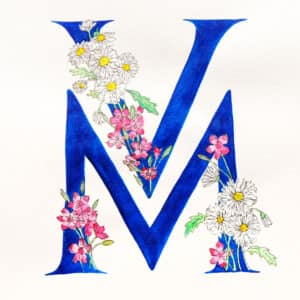 Ilustrovaný monogram VM - květinový motiv