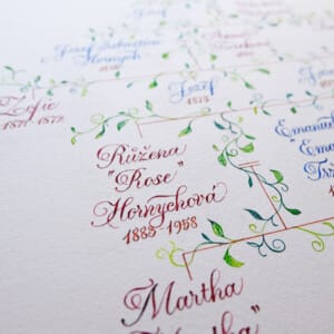 kaligrafický rodokmen s květinovým motivem